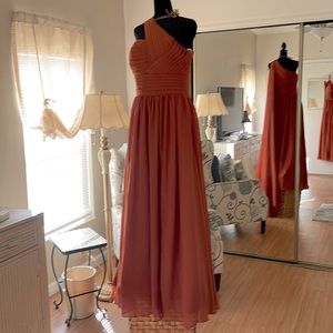 Woman’s one shoulder dress with slit, long, pleated, chiffon, prom gown